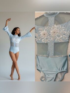 LA Dance contemporary lyrical solo costume blue long sleeve Adora illusion LC